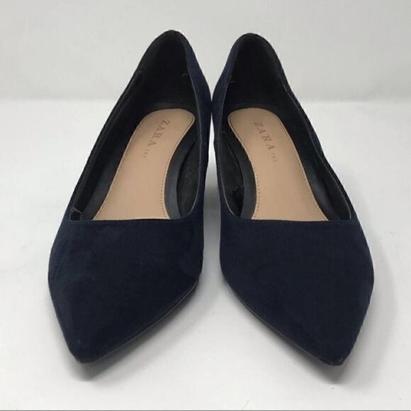 Zara TRF Navy Faux Suede Chunky Heels Size 35 - Picture 2 of 7